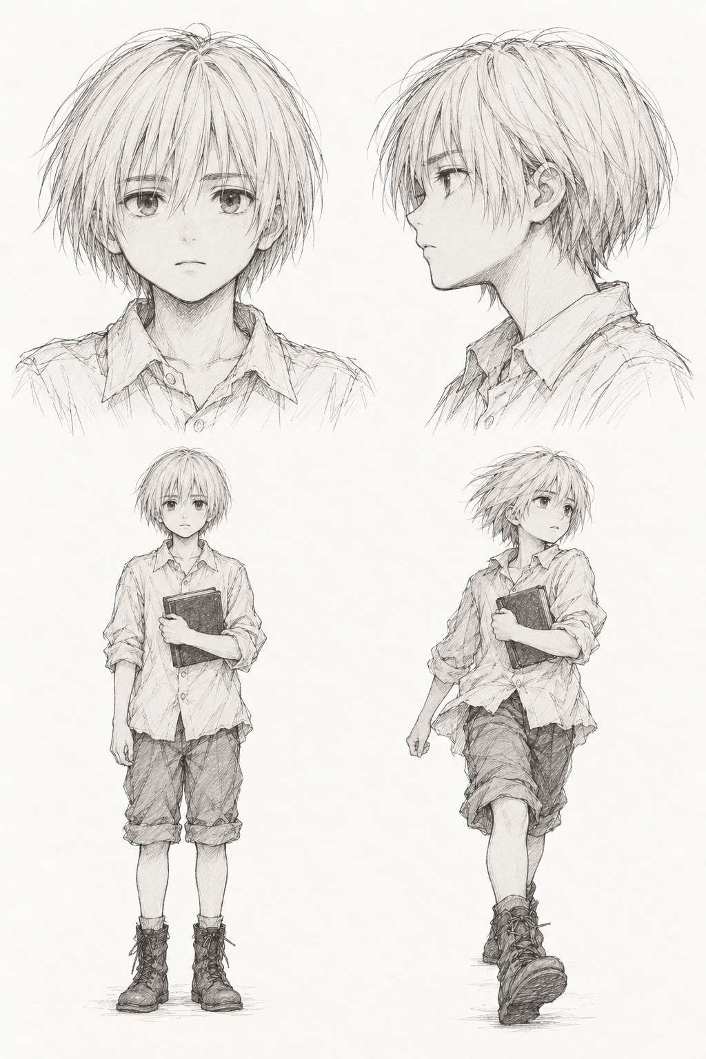 Armin Arlert (Boyhood) · Complete character sheet: front portrait, side profile, front full body and signature pose
