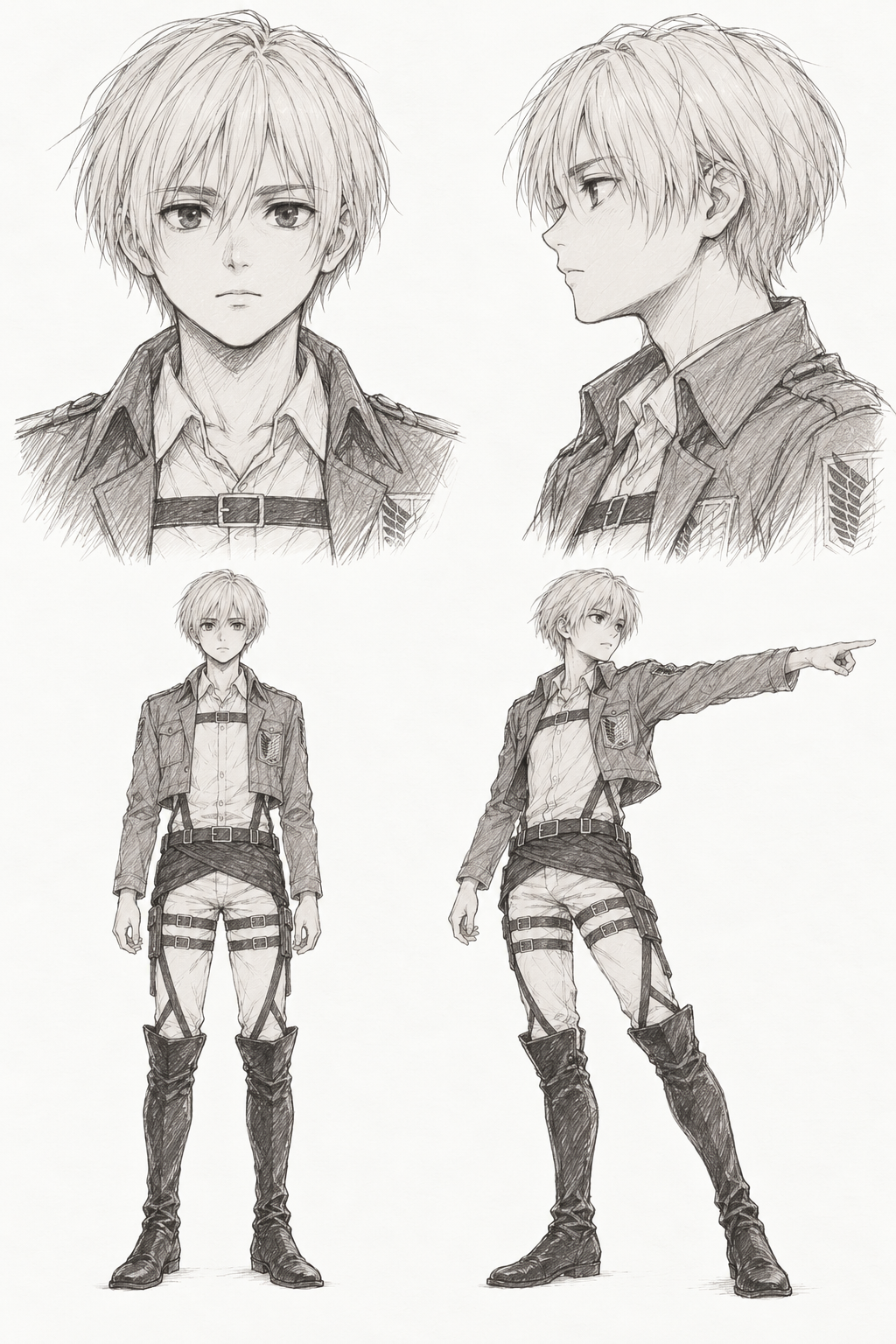 Armin Arlert (Young adult) · Complete character sheet: front portrait, side profile, front full body and signature pose