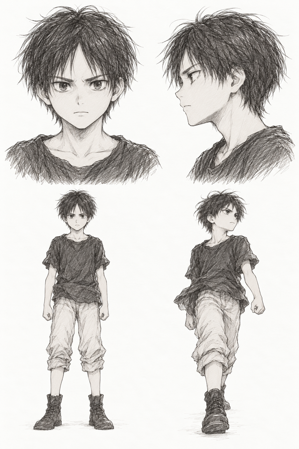 Eren Yeager (Boyhood) · Complete character sheet: front portrait, side profile, front full body and signature pose