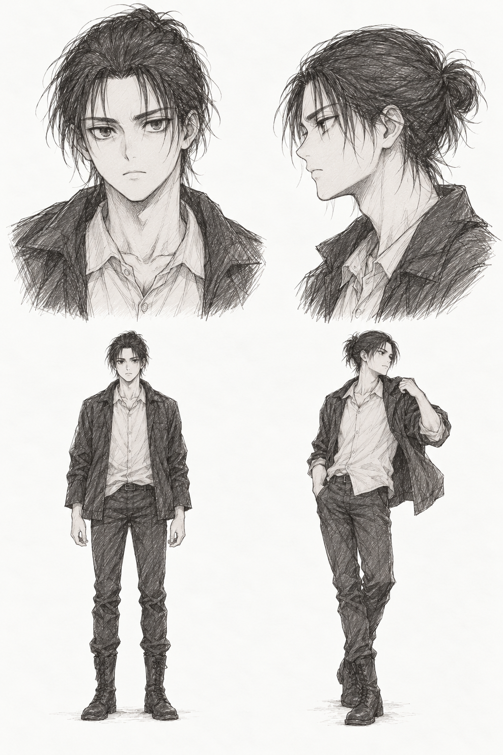 Eren Yeager (Young adult) · Complete character sheet: front portrait, side profile, front full body and signature pose