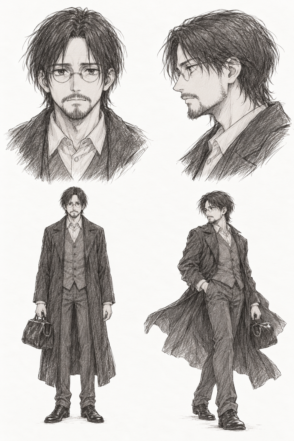 Grisha Yeager (Adult) · Complete character sheet: front portrait, side profile, front full body and signature pose
