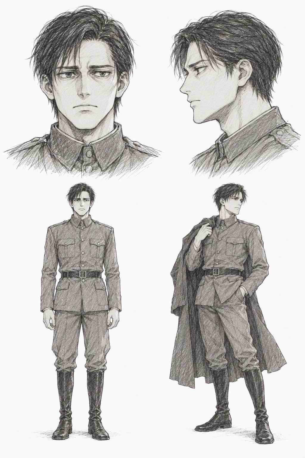 Eren Kruger (Adult · The Owl) · Complete character sheet: front portrait, side profile, front full body and signature pose