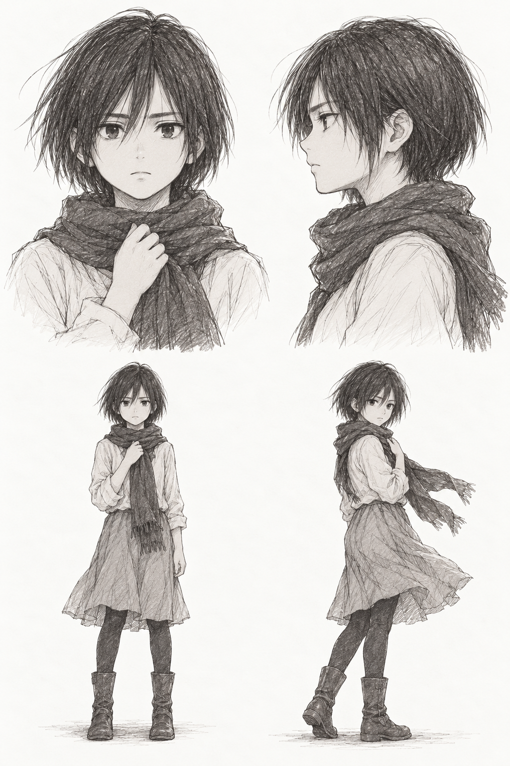 Mikasa Ackerman (Girlhood) · Complete character sheet: front portrait, side profile, front full body and signature pose