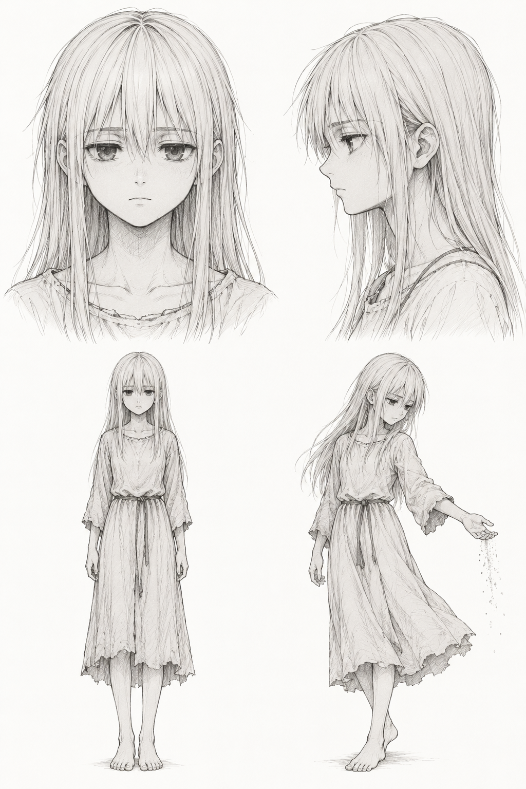 Ymir Fritz (The founder · Paths) · Complete character sheet: front portrait, side profile, front full body and signature pose