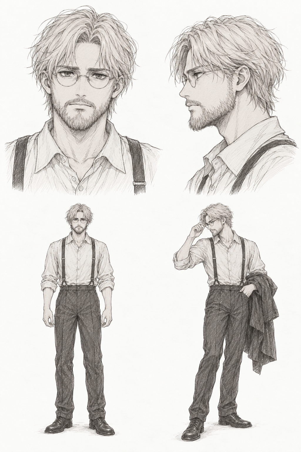 Zeke Yeager (Adult) · Complete character sheet: front portrait, side profile, front full body and signature pose