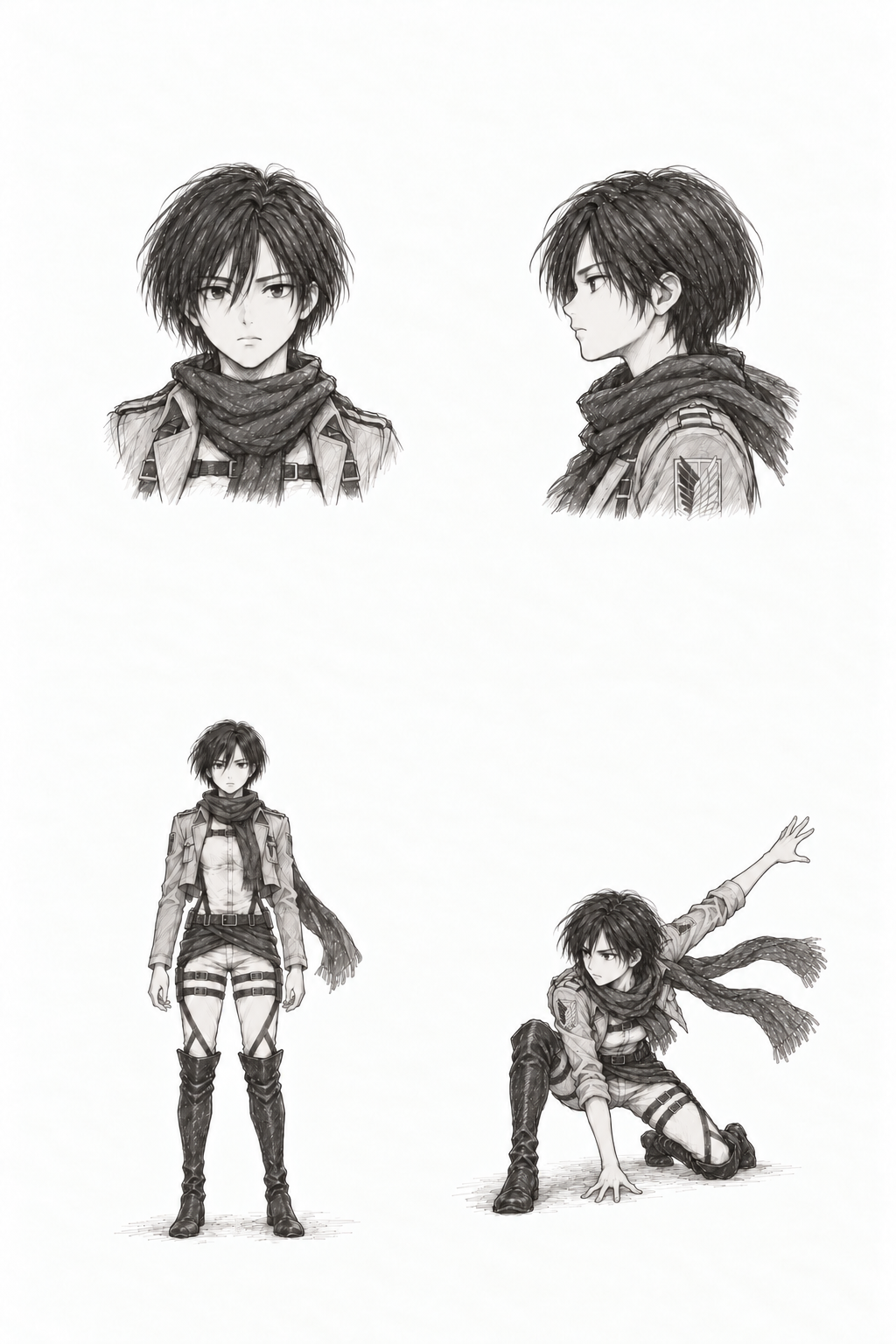 Mikasa Ackerman (Young adult) · Complete character sheet: front portrait, side profile, front full body and signature pose